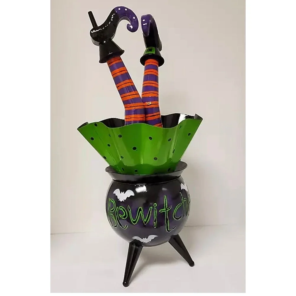 Rare Bewitched Cauldron with Witch Legs Metal Statue 29.25”